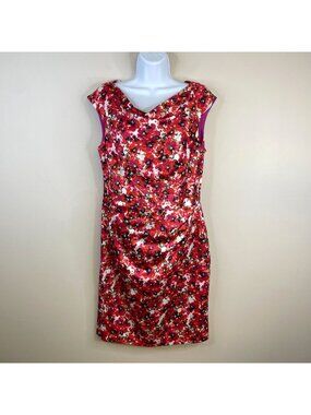 Y2K Ann Taylor Dress Womens 10 Scoop Neck Satin Sheath Floral Wedding Guest